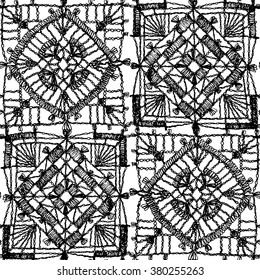 Lacy, delicate seamless pattern of crocheted squares, quilting, patchwork, knitting, embroidery.