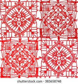 Lacy, delicate seamless pattern of crocheted squares, quilting, patchwork, knitting, embroidery.