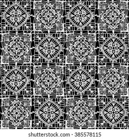 Lacy, delicate seamless pattern of crocheted squares, quilting, patchwork, knitting, embroidery.