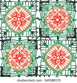 Lacy, delicate seamless pattern of crocheted squares, quilting, patchwork, knitting, embroidery.