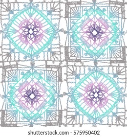 Lacy, delicate seamless pattern of crocheted squares, quilting, patchwork, knitting, embroidery.