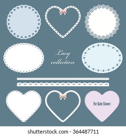 Lacy doilies. Oval, round, in the shape of heart napkins and straight lace set. Pastel colors. For scrapbook, baby shower, valentine's day design.