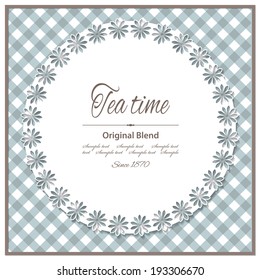 Lacy doily on plaid background with sample text. Countryside style.