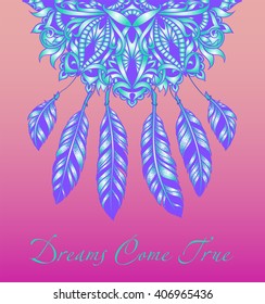 Lacy Dreamcatcher as an ethnic symbol of the mystical faith. Ethnic mandala fancy pattern in bohemian style. Feathers in graphic tattoo style dotwork. Purple color with pink