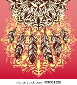  Lacy Dreamcatcher as an ethnic symbol of the mystical faith. Ethnic mandala fancy pattern in bohemian style. Feathers in graphic tattoo style dotwork. 