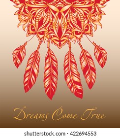  Lacy Dreamcatcher as an ethnic symbol of the mystical faith. Ethnic mandala fancy pattern in bohemian style. Feathers in graphic tattoo style dotwork. 