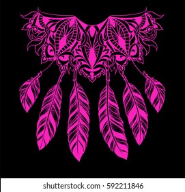Lacy Dreamcatcher as an ethnic symbol of the mystical faith. Ethnic mandala fancy pattern in bohemian style. Feathers in graphic tattoo style dotwork. 