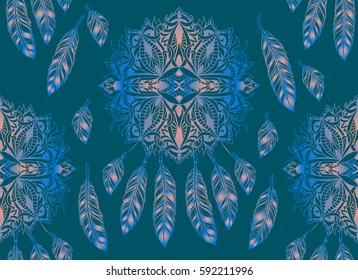 Lacy Dreamcatcher as an ethnic symbol of the mystical faith. Ethnic mandala fancy pattern in bohemian style. Feathers in graphic tattoo style dotwork.  Seamless background