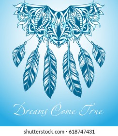  Lacy Dreamcatcher as an ethnic symbol of the mystical faith. Ethnic mandala fancy pattern in bohemian style. Feathers in graphic tattoo style dotwork. 