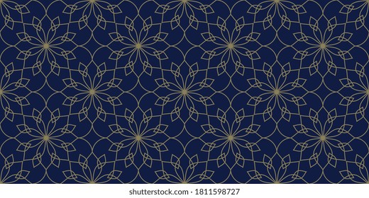 Lacy floral motif line art tessellation flower seamless gold pattern lavender blue background. Simple graphic fretwork surface fancy backdrop. Simple lineal shape geometric allover tracery print block