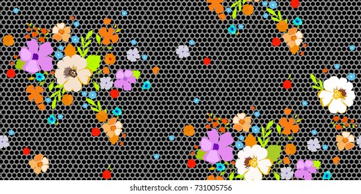 Lacy floral pattern. Cute flowery background. Seamless vintage texture for fabric, paper, wrapping, wallpaper.
