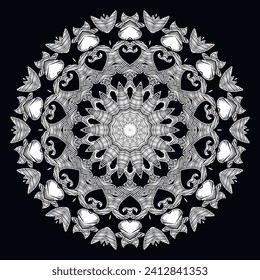 Patrón de mandala redonda de tapicería floral de encía. Flor de bordado. Ornamentos de tapicería. Fondo vectorial blanco y negro. Textura bordada de costura ornamental. Decorativo diseño de estilo bordado de encaje.