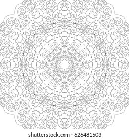 Lacy Flourish Pattern for Seamless Texture. Black and White Circular Ornament with Calligraphic Swirls. Gentle Fretwork.