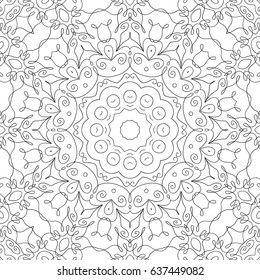 Lacy Flourish Pattern for Seamless Texture. Black and White Circular Ornament with Calligraphic Swirls. Gentle Fretwork.