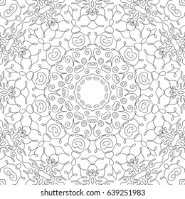 Lacy Flourish Pattern for Seamless Texture. Black and White Circular Ornament with Calligraphic Swirls. Gentle Fretwork.