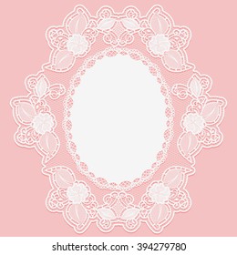 Lacy flower doily in the shape of the medallion. White lace cloth on a pink background. Vector illustration