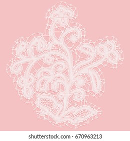 Lacy flower with openwork leaves. Decorative design element on a pink background. Vector illustration.