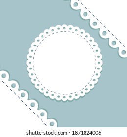 lacy frame and border template. cute round doily on blue background with scallop border. vector template for baby shower, wedding and farm products design. decoration elements, vintage country label.