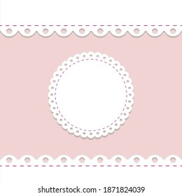 lacy frame and border template. cute round doily on pink background with scallop border. vector template for baby shower, wedding and farm products design. decoration elements, vintage country label.