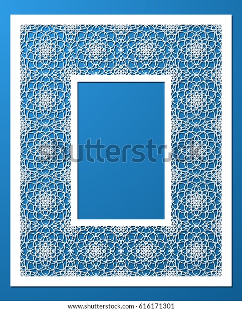Lacy frame with carved openwork pattern. Vector\
Stencil. Template for interior design, decorative art objects etc.\
Image suitable for laser cutting, plotter cutting or printing.\
Stock vector
