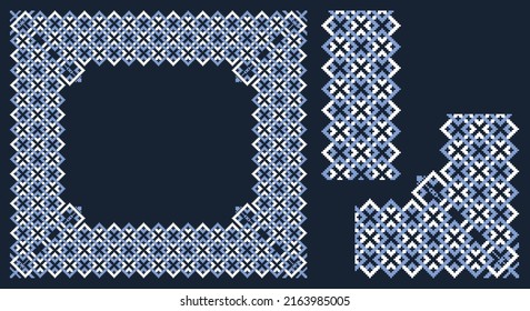 Lacy frame, corner and border with ukrainian embroidery vyshyvanka Pixel or square designed filigree frame for classic ornamental design