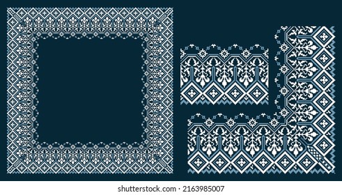 Lacy frame, corner and border with ukrainian embroidery vyshyvanka Pixel or square designed filigree frame for classic ornamental design