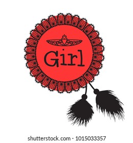 Lacy frame. Round Frame made of black lace with fur brush. Valentine's Day.  The concept of red love for the queen girl. Vector illustration isolated on white background.