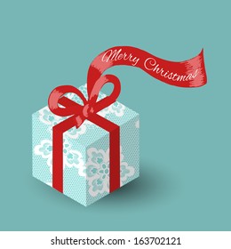 Lacy gift box with red ribbon -- Merry Christmas. Vector illustration.