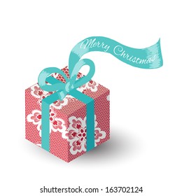 Lacy Gift Box With Teal Ribbon -- Merry Christmas. Vector Illustration.