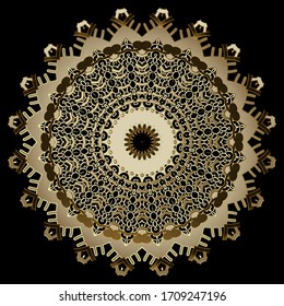 Patrón de Mandala 3d vectorial floral de oro lacado. Marco moderno ornamental. Rama de época redonda. Diseño de encaje. Textura con estampado dorado en la superficie. Flores, formas, marcos abstractos de oro de estilo étnico.