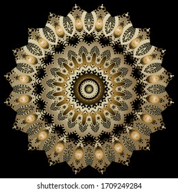 Lacy gold floral 3d vector mandala pattern. Ornamental modern background. Round vintage ornament. Lace design. Surface golden patterned texture. Ethnic style gold abstract flowers,shapes, frames.