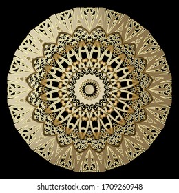 Lacy gold floral 3d vector mandala pattern. Ornamental modern background. Round vintage ornament. Lace design. Surface golden patterned texture. Ethnic style gold abstract flowers,shapes, frames.