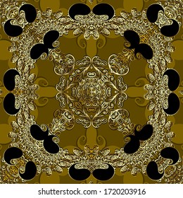 Lacy gold Paisley vector seamless pattern. Ornamental surface floral background. Arabesque ethnic style repeat backdrop. Vintage lines flowers. Golden swirls. Lace ornaments. Luxury ornate 3d design.
