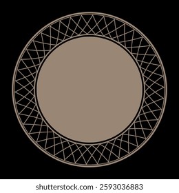 Lacy gold round frame. Abstract round gold frame. Gold plate with abstract geometric pattern design. For round surfaces, laser cutting, engraving, porcelain, textile, embroidery, sandblasting. EPS 