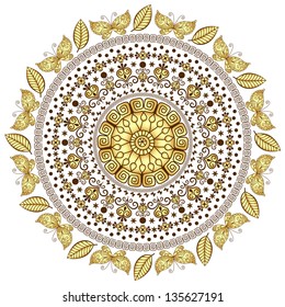 Lacy gold-brown round vintage pattern on white (vector)