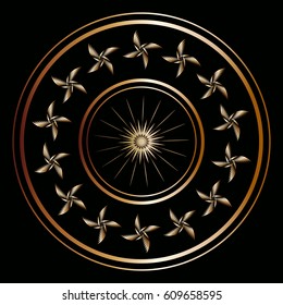 Lacy golden round frame on a black background
