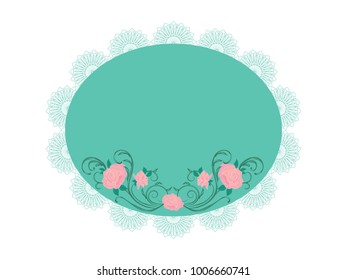 Lacy green round frame with delicate roses - isolated on white background - Vector illustration