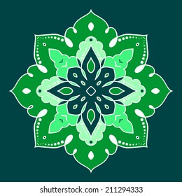 lacy green round ornamental pattern - pattern in oriental style, napkin design - vector illustration