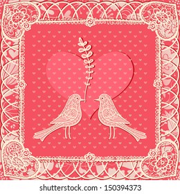 Lacy greeting card with birds and heart. Vector seamless pattern.