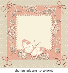 Lacy greeting card with flowers and butterfly. Vector design.