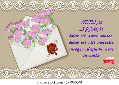 Lacy greeting card Postal envelope and flowers pink cosmos, wax seal with rope isolated on beige background vector illustration