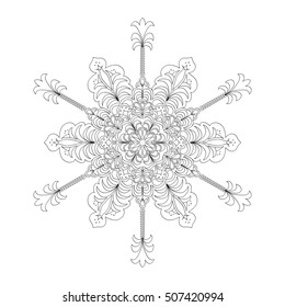 Lacy hand drawn hexagon pattern. Adult coloring book page. Mandala ornament made of calligraphic swirls. Delicate snowflake