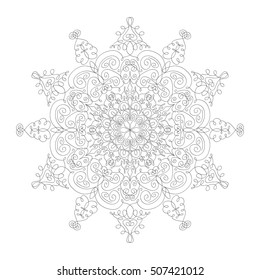 Lacy hand drawn hexagon pattern. Adult coloring book page. Mandala ornament made of calligraphic swirls. Delicate snowflake