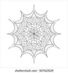Lacy hand drawn hexagon pattern. Adult coloring book page. Mandala ornament made of calligraphic swirls. Delicate snowflake