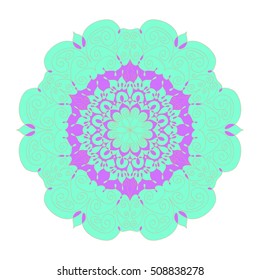 Lacy hand drawn hexagon pattern. Mandala ornament made of calligraphic swirls. Arabesque openwork ornament in green and purple colors