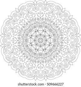 Lacy hand drawn hexagon pattern. Adult coloring book page. Mandala ornament made of calligraphic swirls. Delicate snowflake
