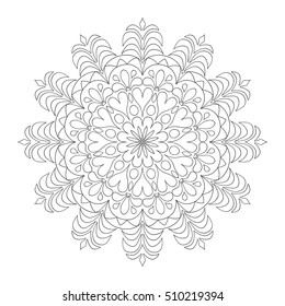 Lacy hand drawn hexagon pattern. Adult coloring book page. Mandala ornament made of calligraphic swirls. Delicate snowflake. Adult coloring page for art therapy