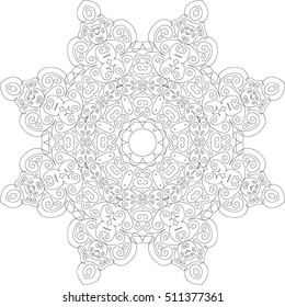 Lacy hand drawn hexagon pattern. Adult coloring book page. Mandala ornament made of calligraphic swirls. Delicate snowflake