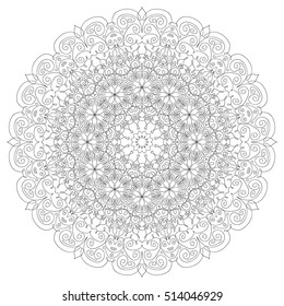 Lacy hand drawn hexagon pattern. Adult coloring book page. Mandala ornament made of calligraphic swirls. Delicate snowflake
