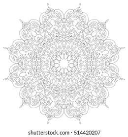 Lacy hand drawn hexagon pattern. Adult coloring book page. Mandala ornament made of calligraphic swirls. Delicate snowflake